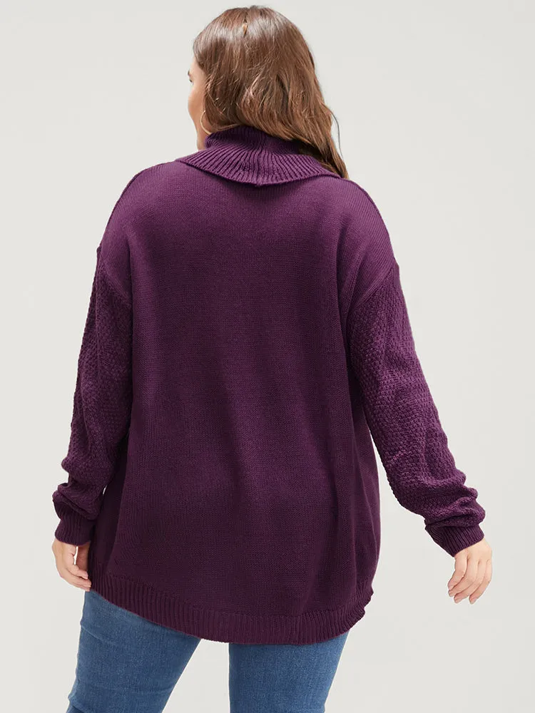 Argyle Print Pointelle Knit Funnel Neck Arc Hem Knit Top
