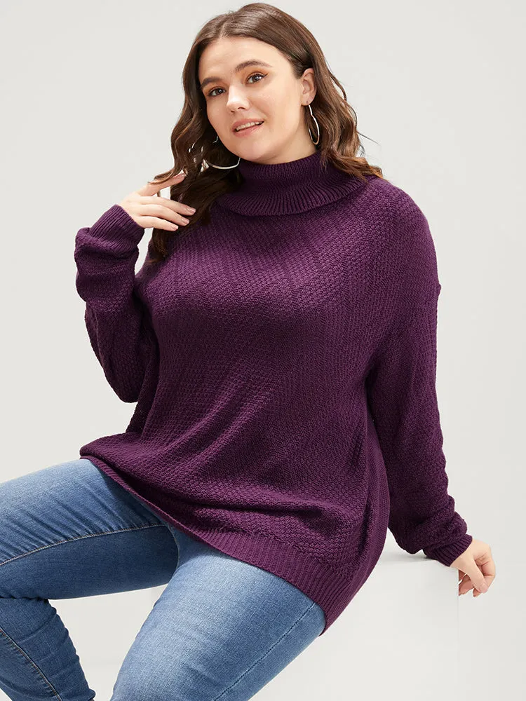 Argyle Print Pointelle Knit Funnel Neck Arc Hem Knit Top