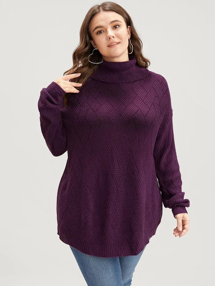 Argyle Print Pointelle Knit Funnel Neck Arc Hem Knit Top