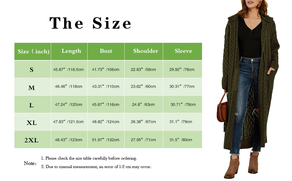 Army Green Womens Casual Long Sleeve Open Cardigan Warm Hooded Outwear Coat Cable Knit Long Cardigan Sweaters with Pockets - NIUBIA