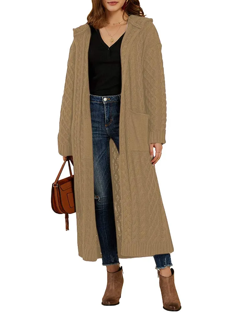 Army Green Womens Casual Long Sleeve Open Cardigan Warm Hooded Outwear Coat Cable Knit Long Cardigan Sweaters with Pockets - NIUBIA