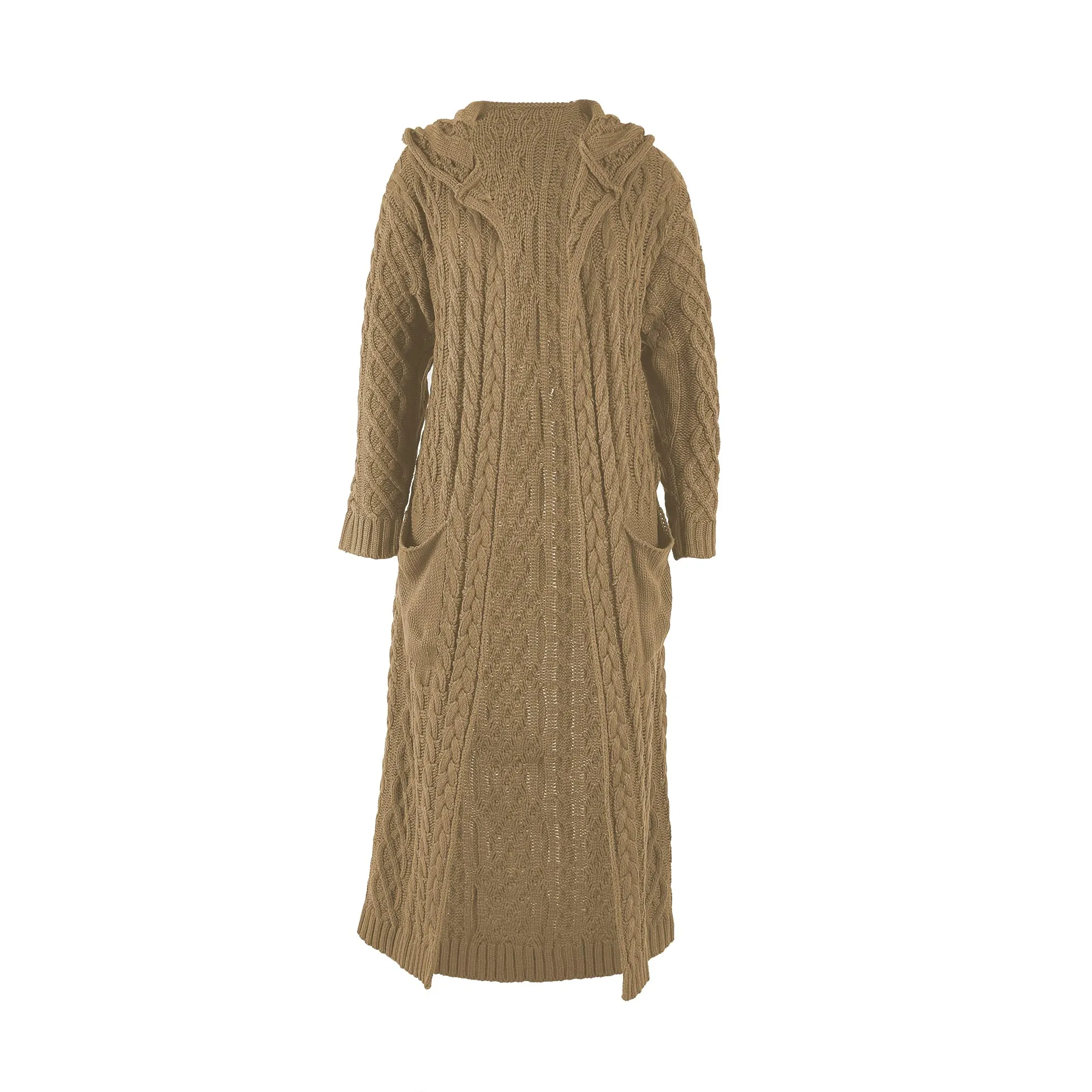 Army Green Womens Casual Long Sleeve Open Cardigan Warm Hooded Outwear Coat Cable Knit Long Cardigan Sweaters with Pockets - NIUBIA