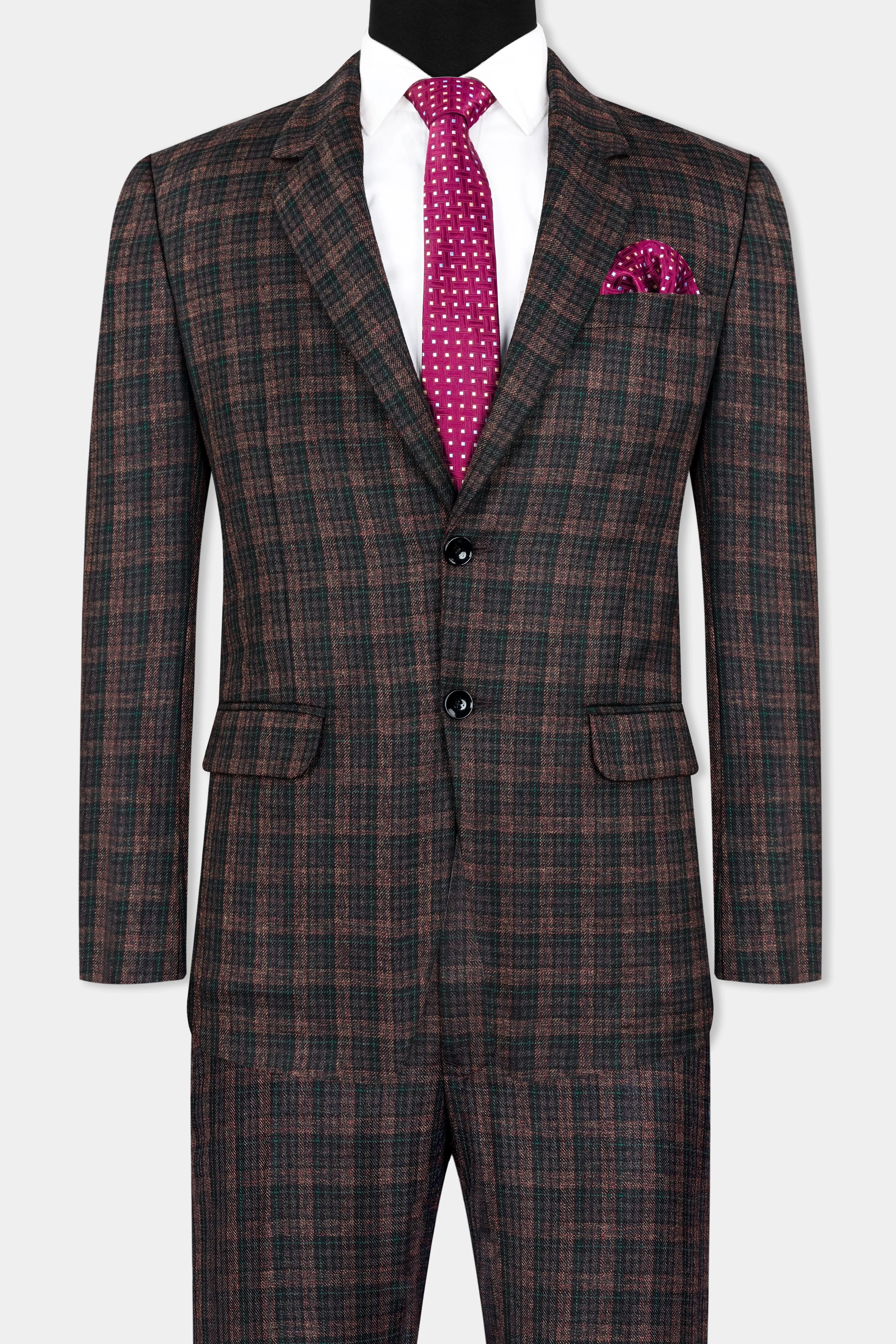 Bole Brown with Ebony Clay Black Plaid Wool Rich Suit