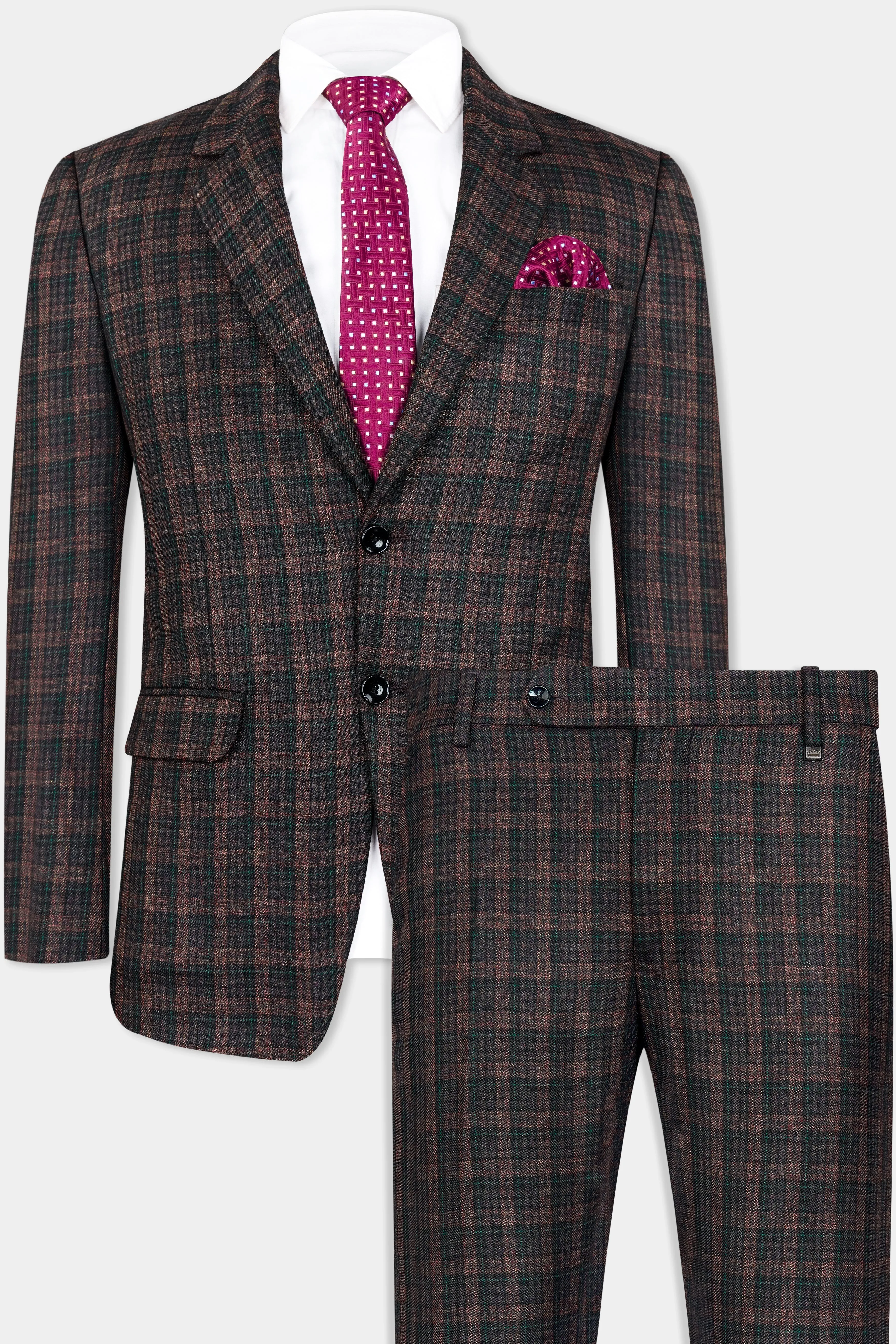 Bole Brown with Ebony Clay Black Plaid Wool Rich Suit