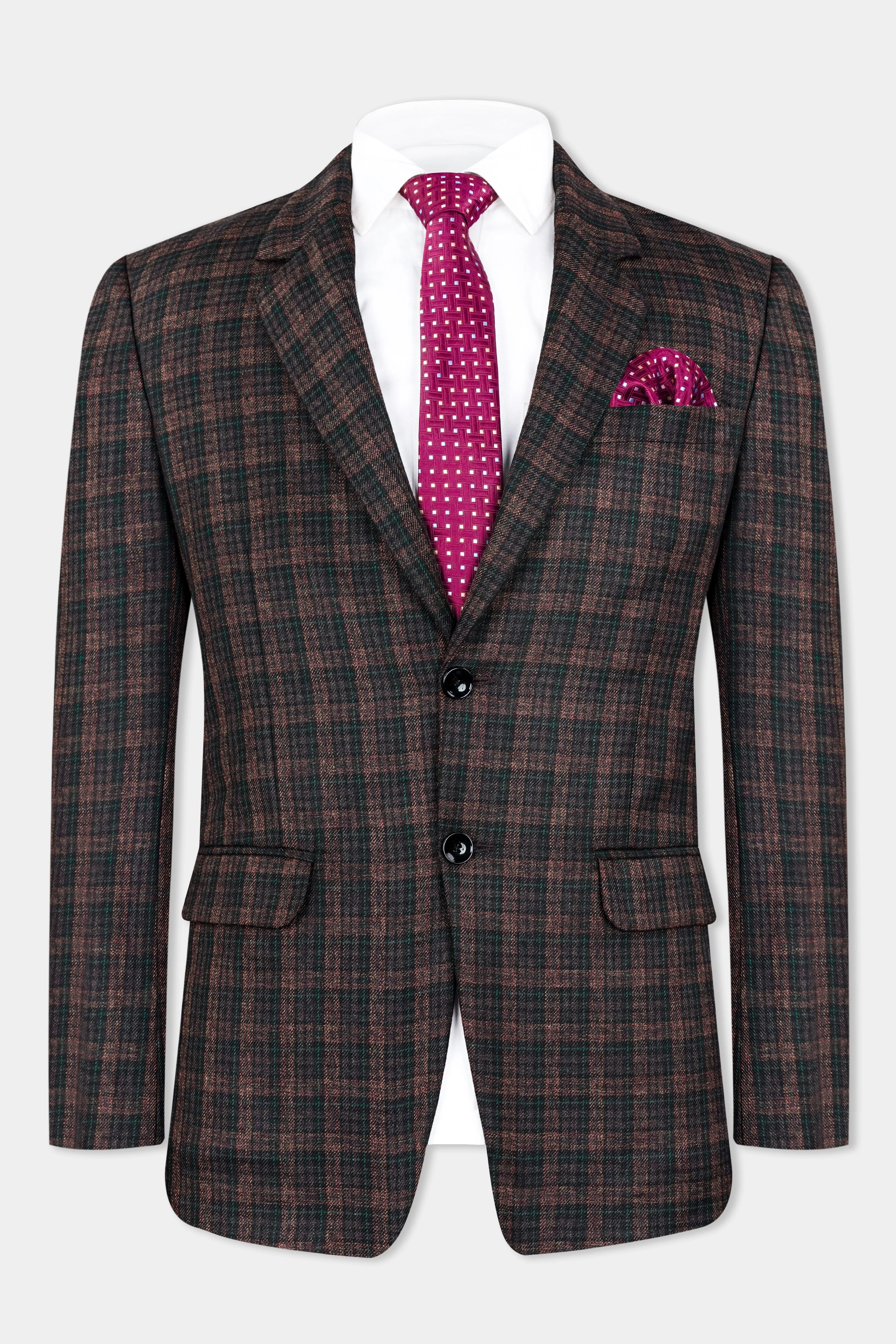 Bole Brown with Ebony Clay Black Plaid Wool Rich Suit