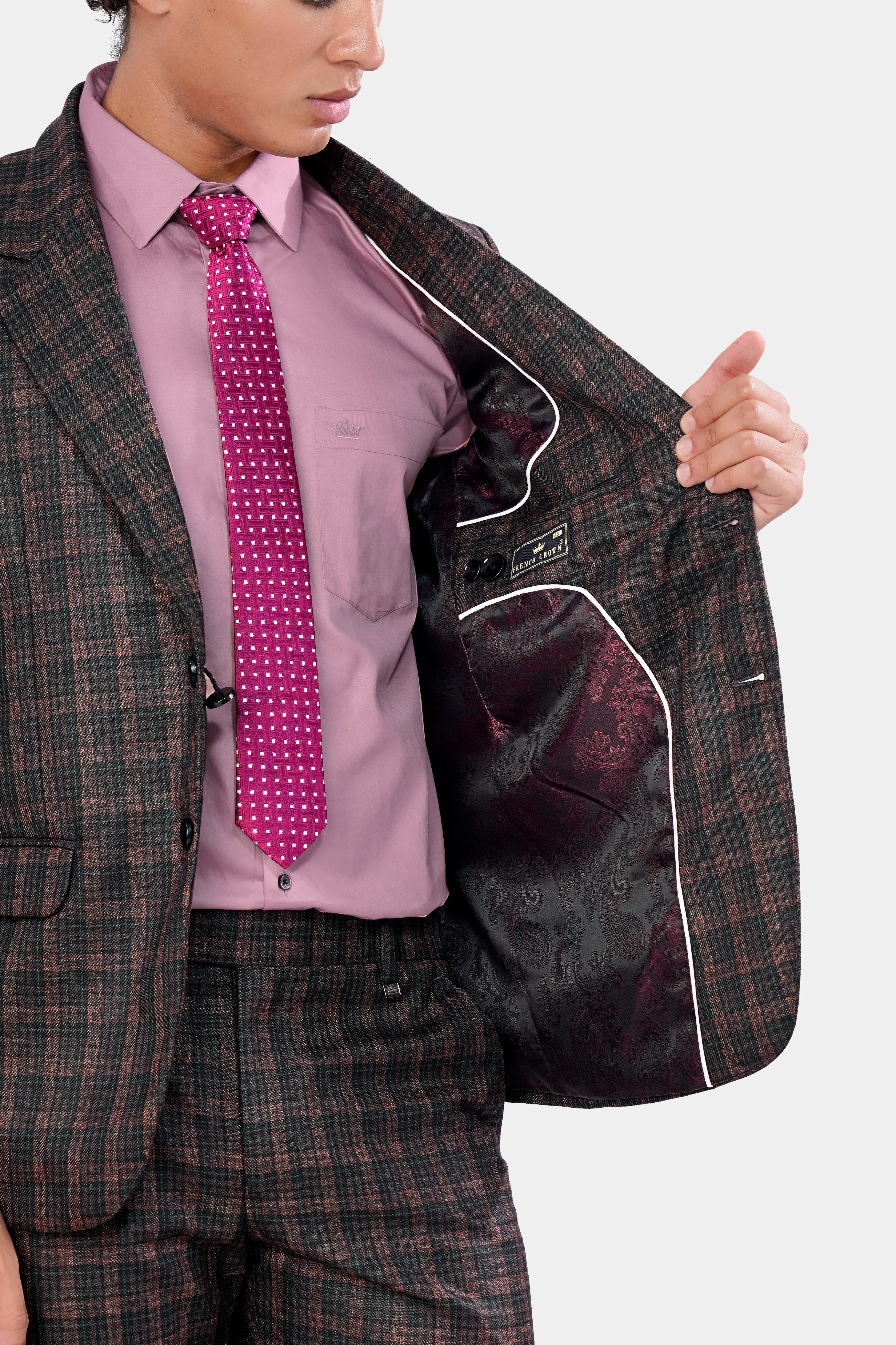 Bole Brown with Ebony Clay Black Plaid Wool Rich Suit