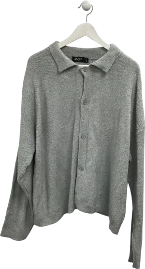boohooMan Grey Brushed Knit Button Down Collared Shirt UK M