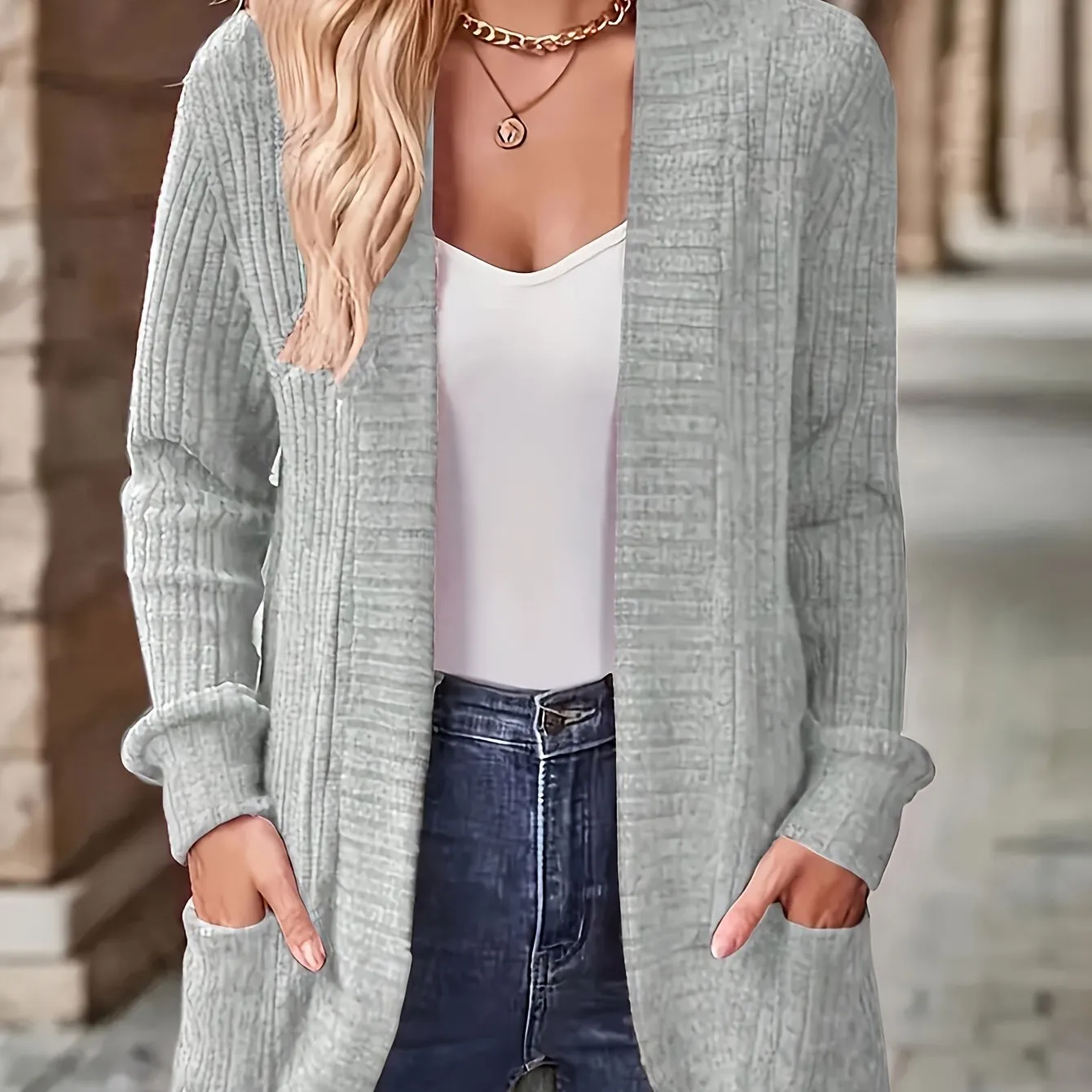 Cozy Chic Open Front Knit Cardigan - Women's Casual Cardigans with Pockets, Soft 95% Polyester 5% Elastane Blend, Solid Color Outerwear for Spring and Fall Seasons, Perfect for Everyday Wear
