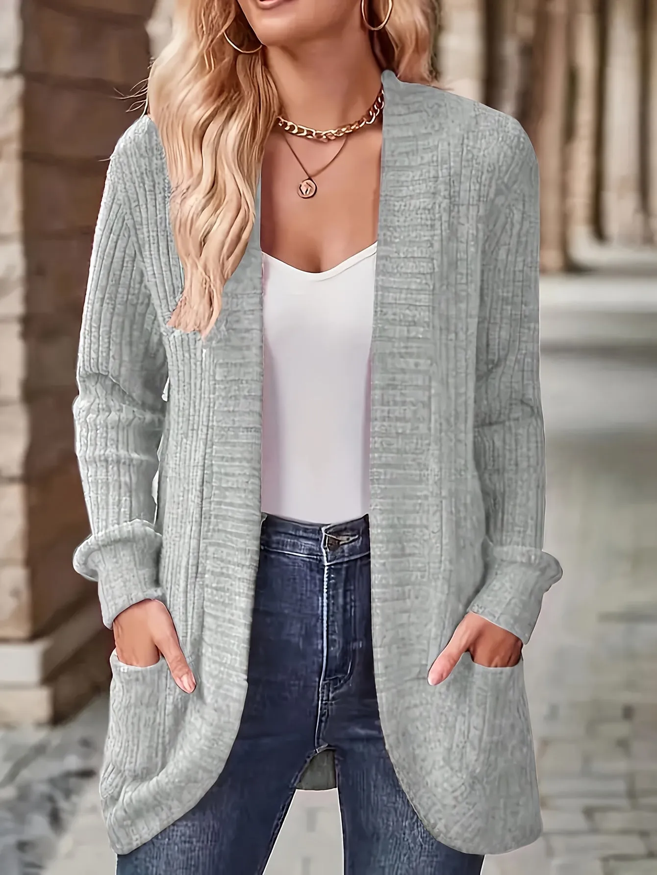 Cozy Chic Open Front Knit Cardigan - Women's Casual Cardigans with Pockets, Soft 95% Polyester 5% Elastane Blend, Solid Color Outerwear for Spring and Fall Seasons, Perfect for Everyday Wear