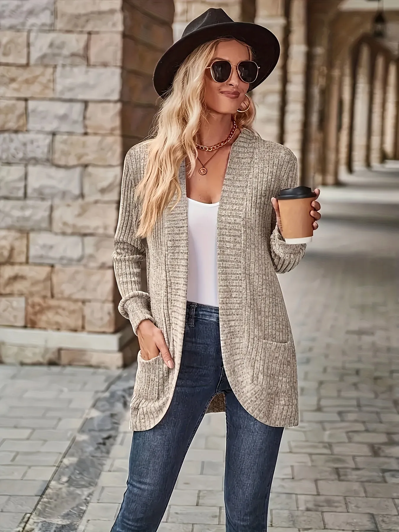 Cozy Chic Open Front Knit Cardigan - Women's Casual Cardigans with Pockets, Soft 95% Polyester 5% Elastane Blend, Solid Color Outerwear for Spring and Fall Seasons, Perfect for Everyday Wear