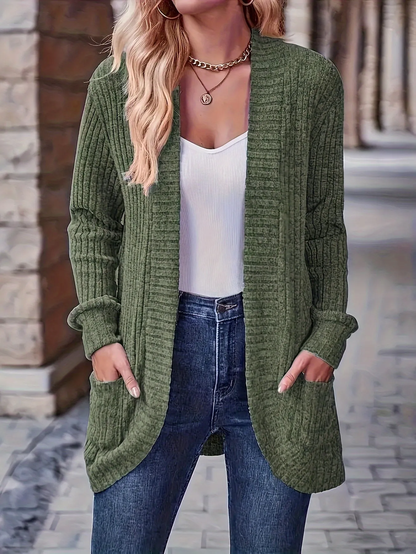 Cozy Chic Open Front Knit Cardigan - Women's Casual Cardigans with Pockets, Soft 95% Polyester 5% Elastane Blend, Solid Color Outerwear for Spring and Fall Seasons, Perfect for Everyday Wear