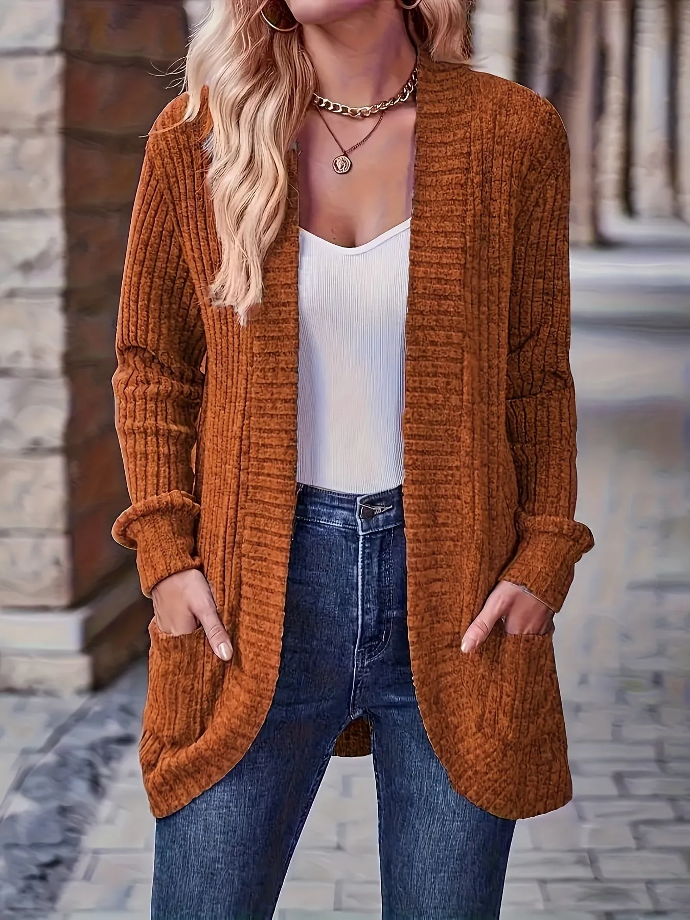 Cozy Chic Open Front Knit Cardigan - Women's Casual Cardigans with Pockets, Soft 95% Polyester 5% Elastane Blend, Solid Color Outerwear for Spring and Fall Seasons, Perfect for Everyday Wear