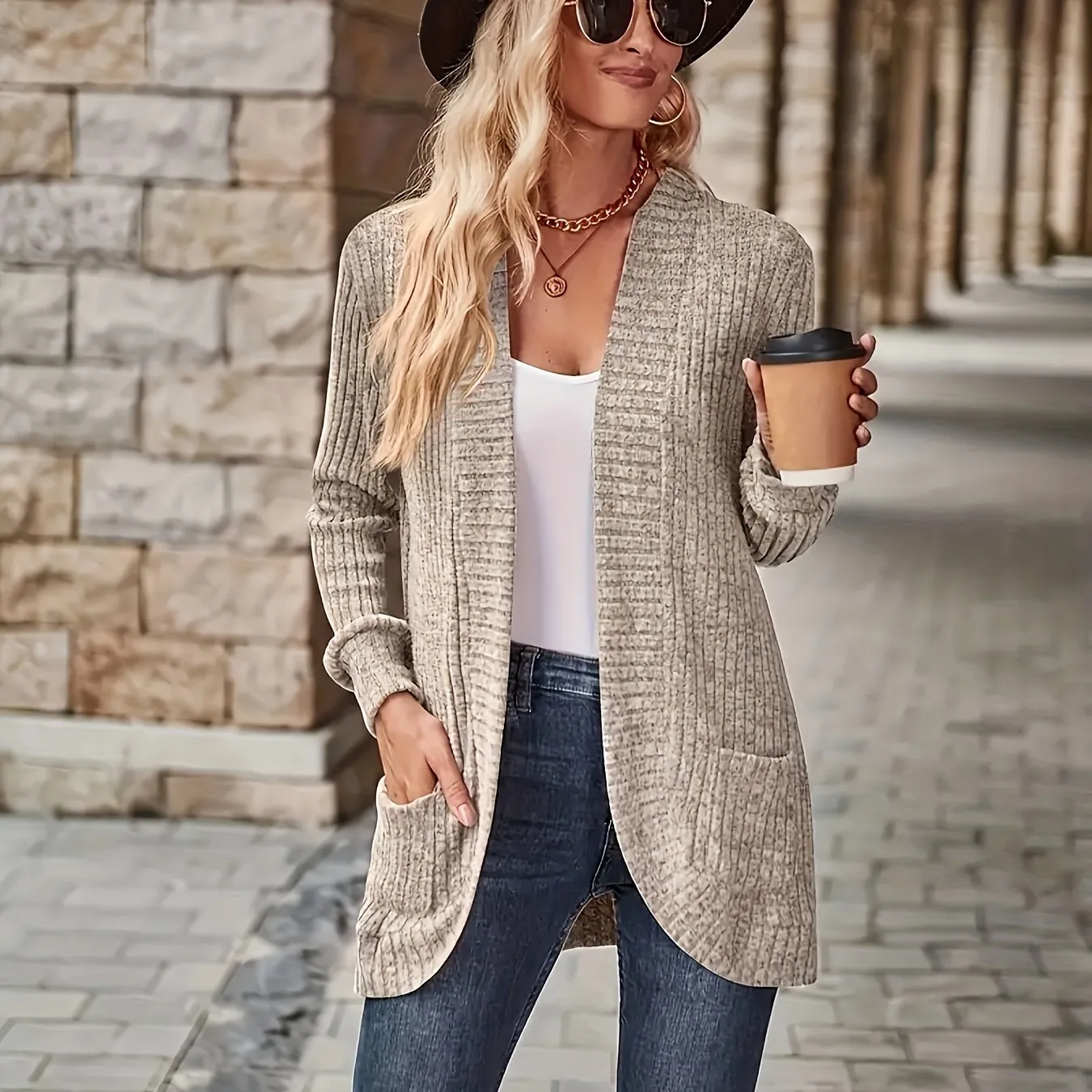 Cozy Chic Open Front Knit Cardigan - Women's Casual Cardigans with Pockets, Soft 95% Polyester 5% Elastane Blend, Solid Color Outerwear for Spring and Fall Seasons, Perfect for Everyday Wear