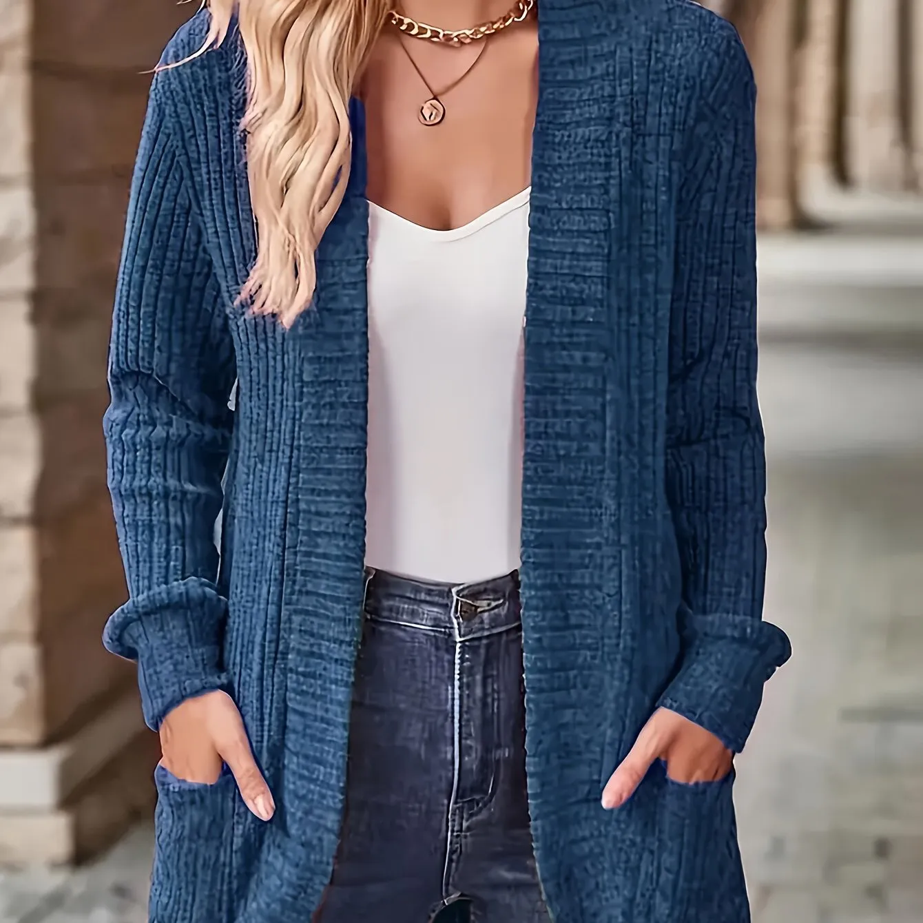 Cozy Chic Open Front Knit Cardigan - Women's Casual Cardigans with Pockets, Soft 95% Polyester 5% Elastane Blend, Solid Color Outerwear for Spring and Fall Seasons, Perfect for Everyday Wear