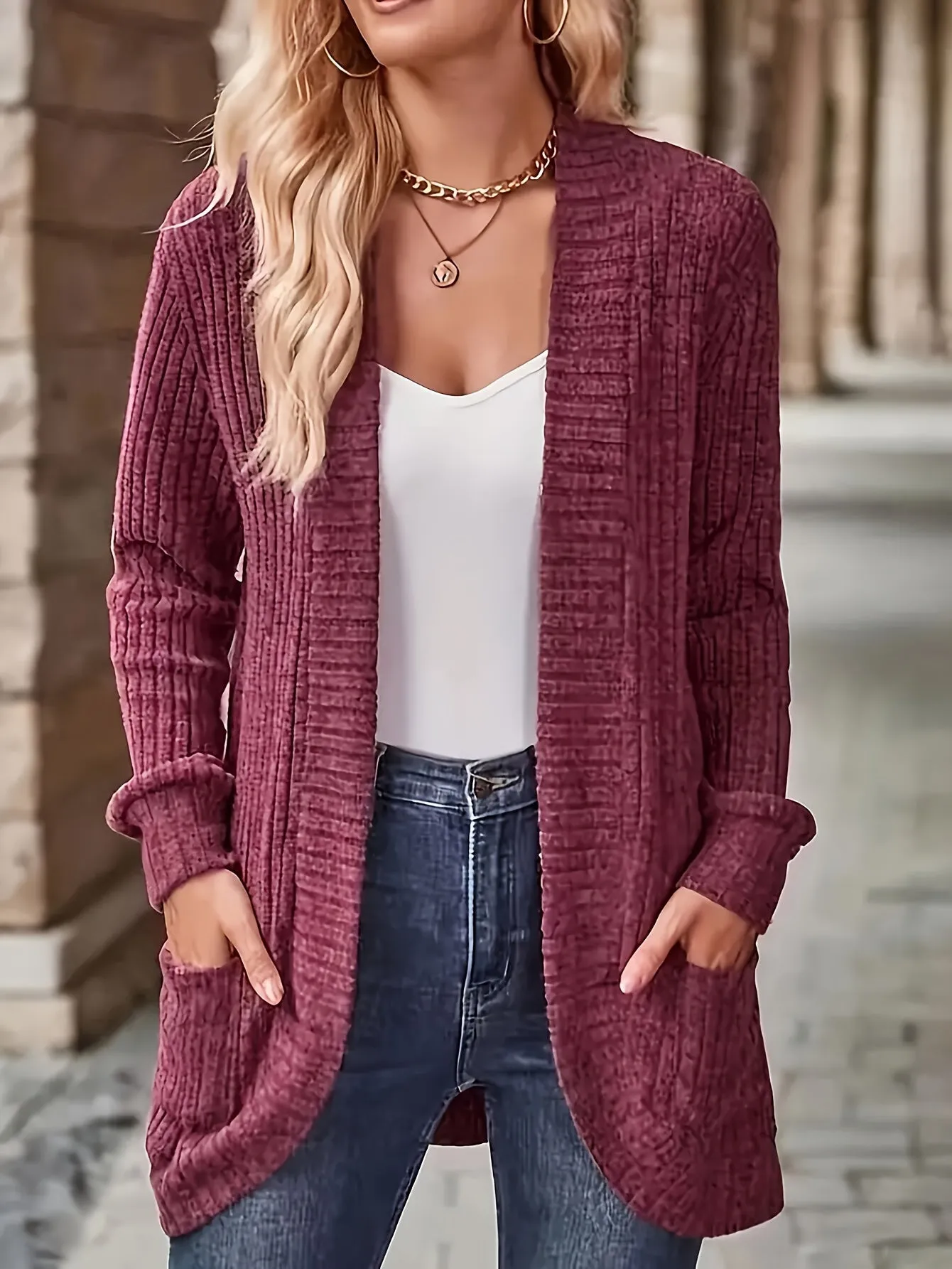 Cozy Chic Open Front Knit Cardigan - Women's Casual Cardigans with Pockets, Soft 95% Polyester 5% Elastane Blend, Solid Color Outerwear for Spring and Fall Seasons, Perfect for Everyday Wear