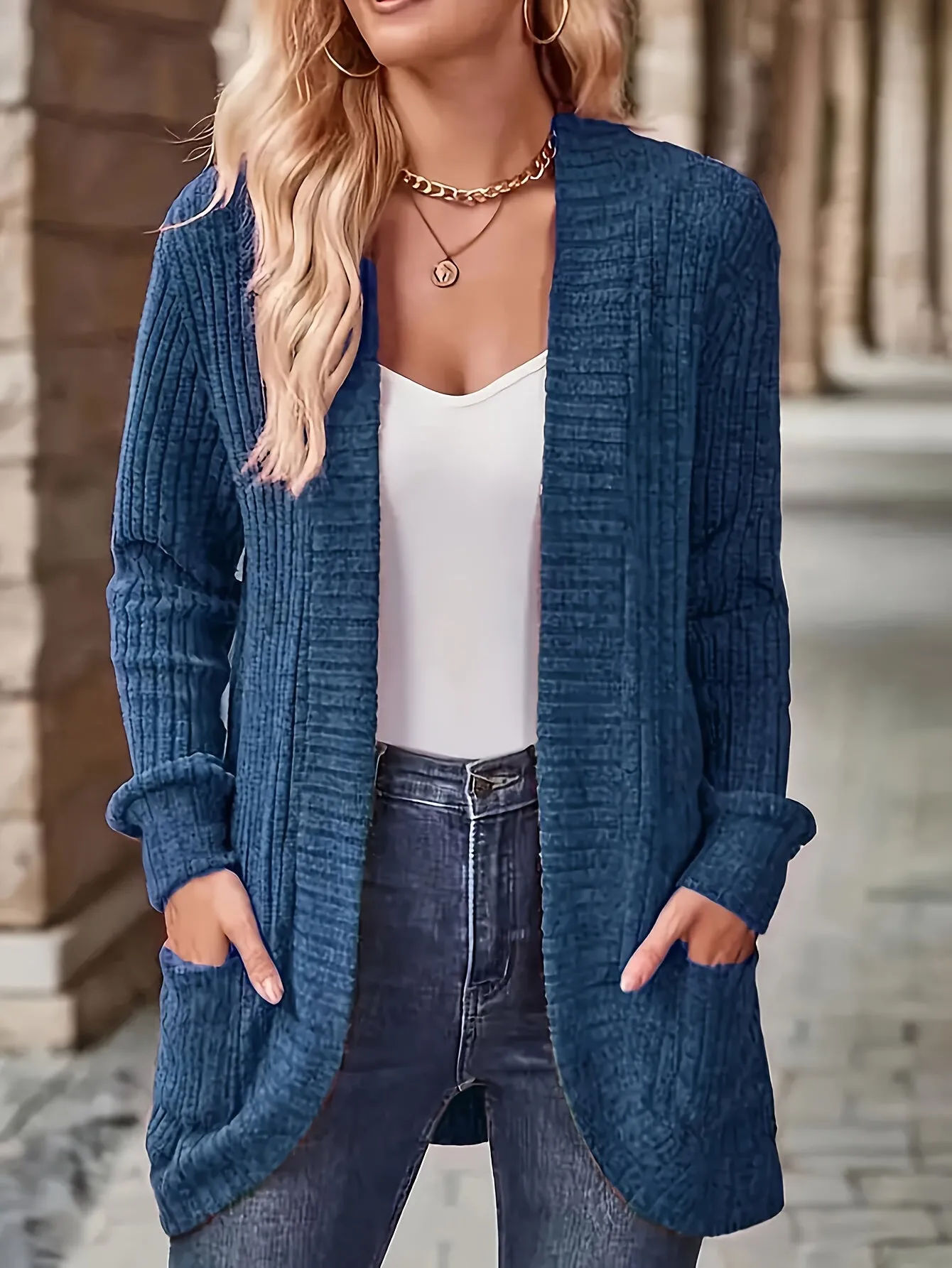 Cozy Chic Open Front Knit Cardigan - Women's Casual Cardigans with Pockets, Soft 95% Polyester 5% Elastane Blend, Solid Color Outerwear for Spring and Fall Seasons, Perfect for Everyday Wear