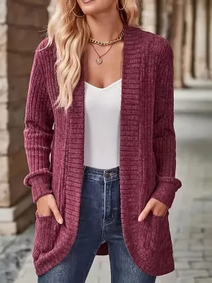 Cozy Chic Open Front Knit Cardigan - Women's Casual Cardigans with Pockets, Soft 95% Polyester 5% Elastane Blend, Solid Color Outerwear for Spring and Fall Seasons, Perfect for Everyday Wear