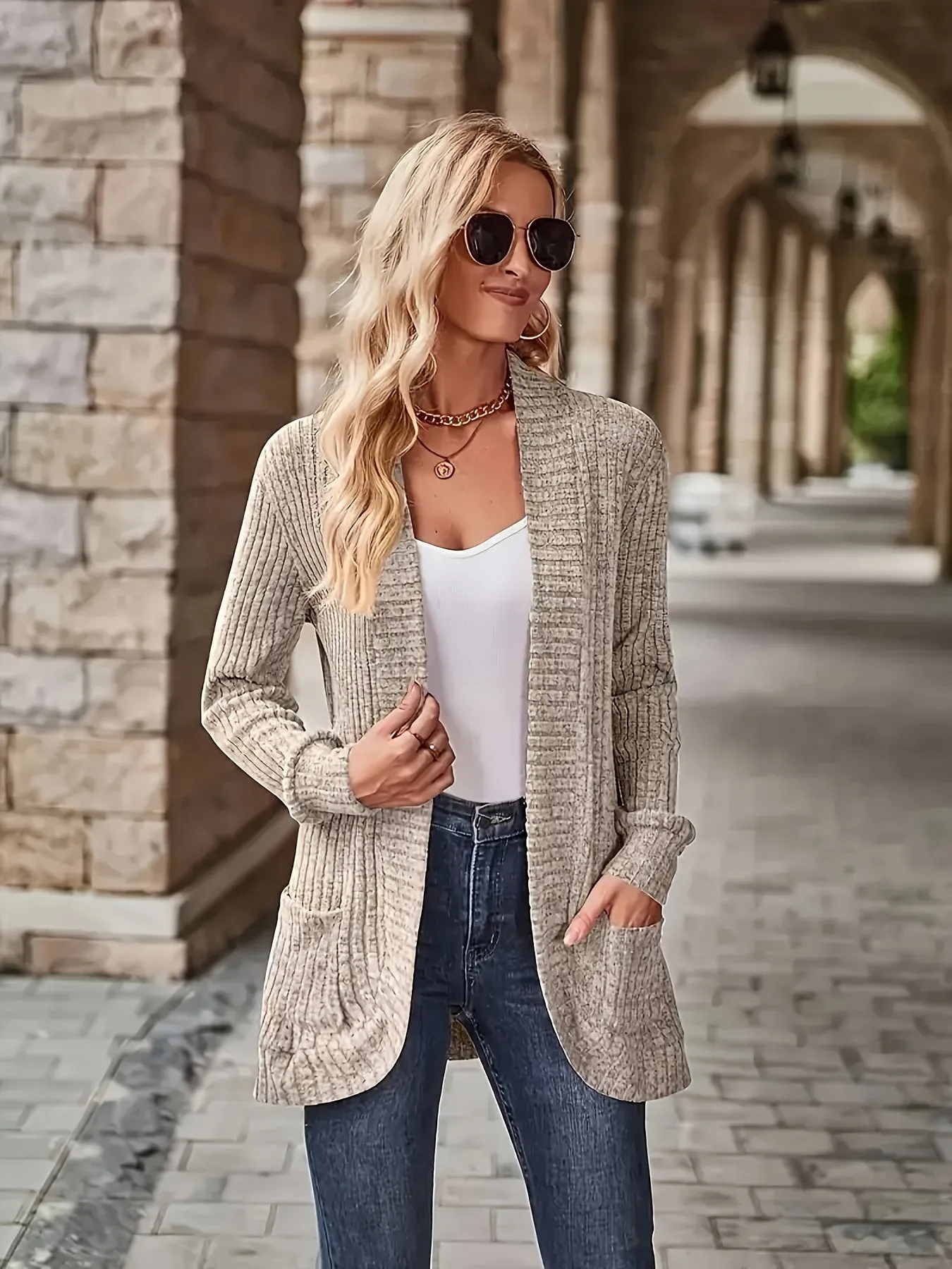 Cozy Chic Open Front Knit Cardigan - Women's Casual Cardigans with Pockets, Soft 95% Polyester 5% Elastane Blend, Solid Color Outerwear for Spring and Fall Seasons, Perfect for Everyday Wear