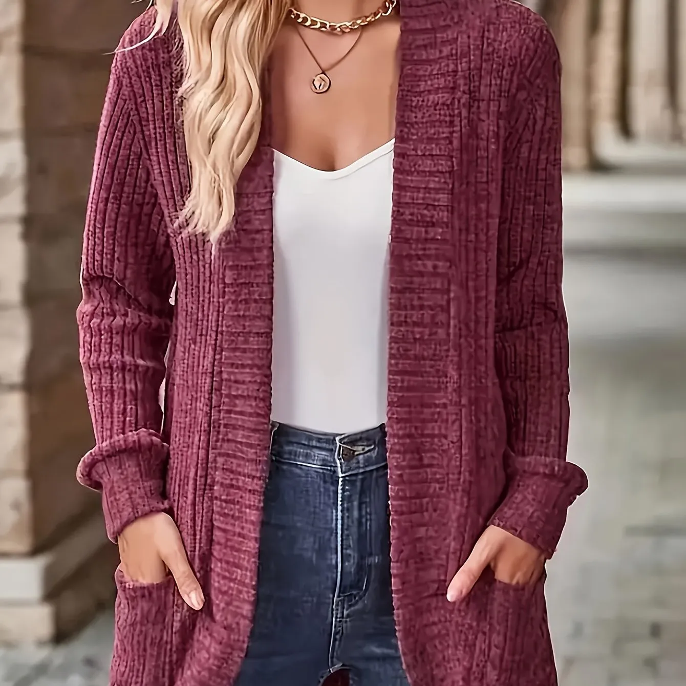 Cozy Chic Open Front Knit Cardigan - Women's Casual Cardigans with Pockets, Soft 95% Polyester 5% Elastane Blend, Solid Color Outerwear for Spring and Fall Seasons, Perfect for Everyday Wear