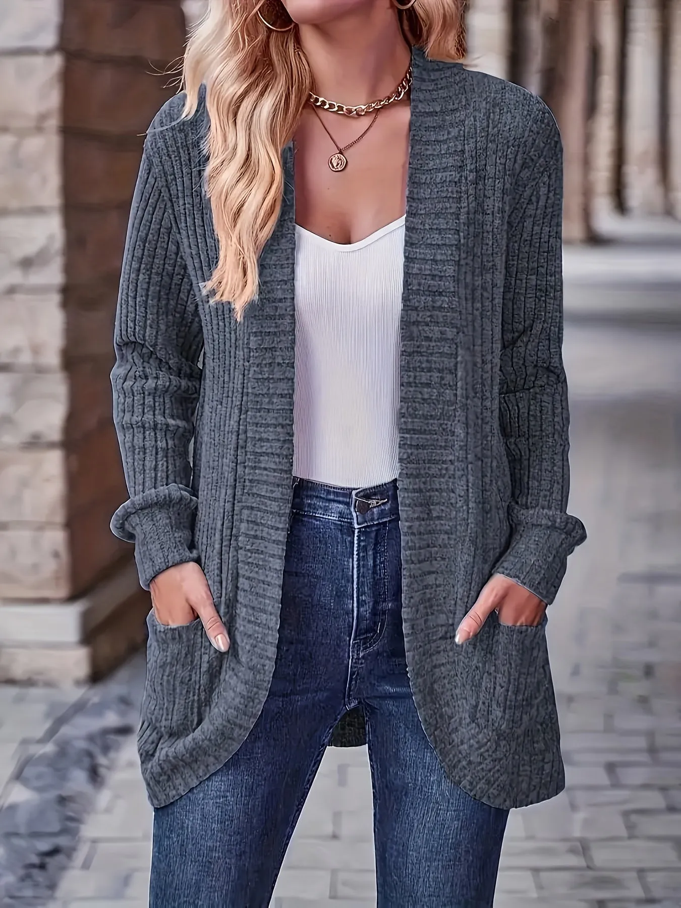 Cozy Chic Open Front Knit Cardigan - Women's Casual Cardigans with Pockets, Soft 95% Polyester 5% Elastane Blend, Solid Color Outerwear for Spring and Fall Seasons, Perfect for Everyday Wear