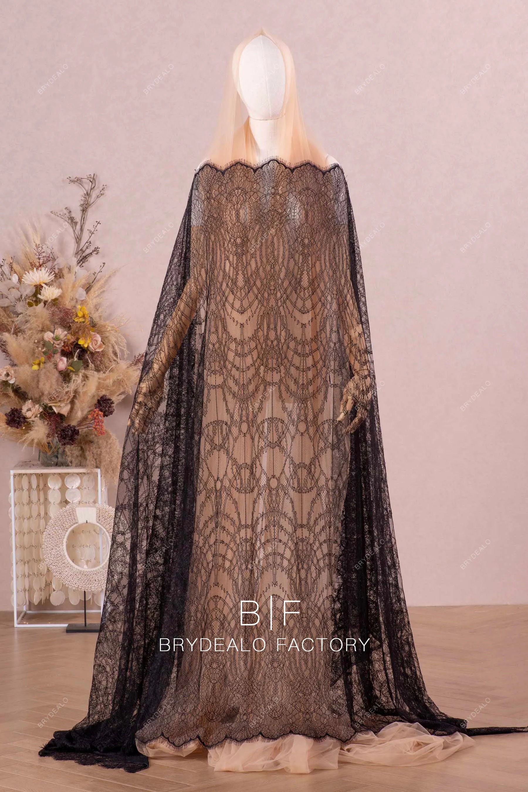 Double Eyelash Edging Black Tiny Cording Chantilly Lace