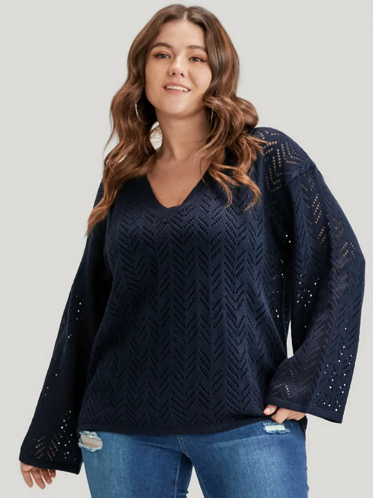 Geometric Pointelle Knit V Neck Eyelet Knit Top