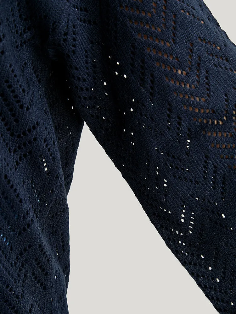 Geometric Pointelle Knit V Neck Eyelet Knit Top