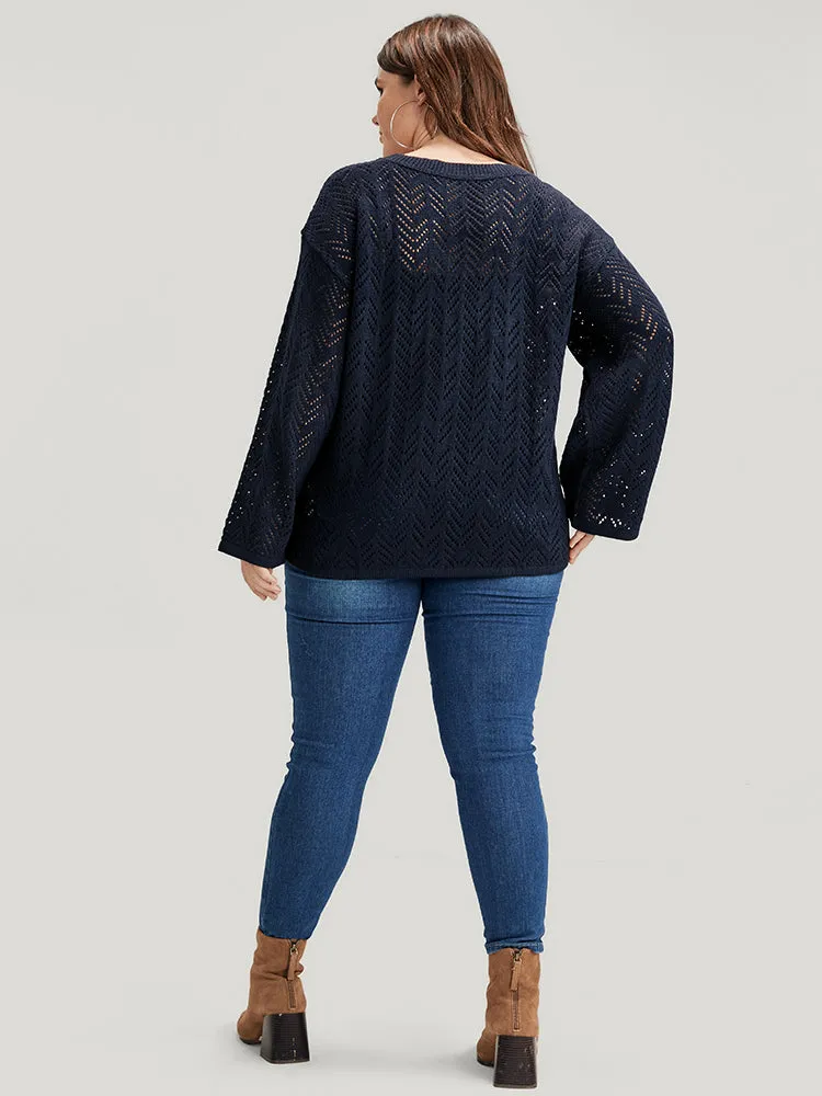 Geometric Pointelle Knit V Neck Eyelet Knit Top