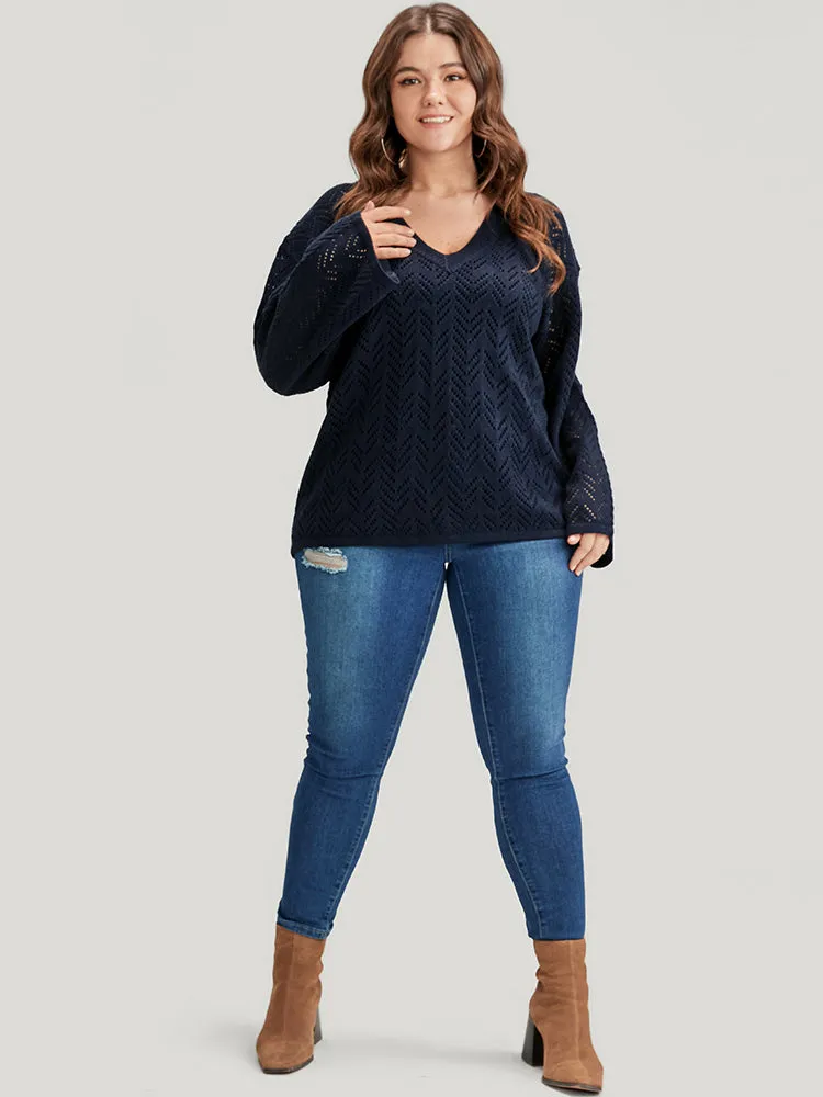 Geometric Pointelle Knit V Neck Eyelet Knit Top