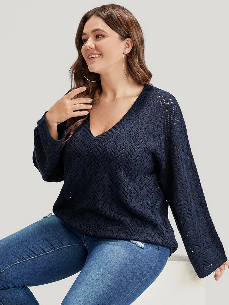 Geometric Pointelle Knit V Neck Eyelet Knit Top