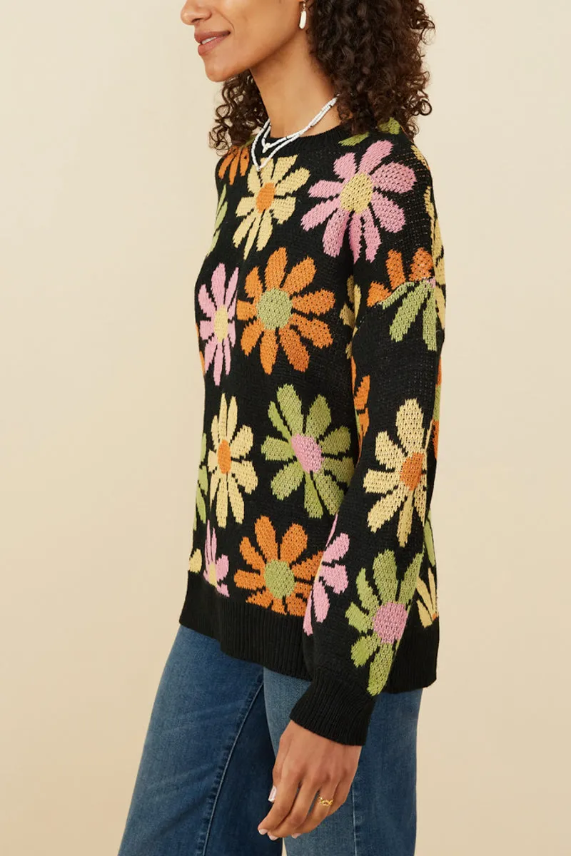 Hayden Retro Daisy Knit Sweater in Black