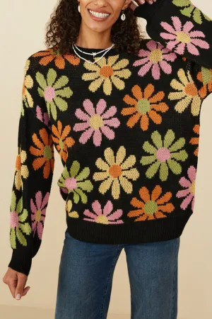 Hayden Retro Daisy Knit Sweater in Black