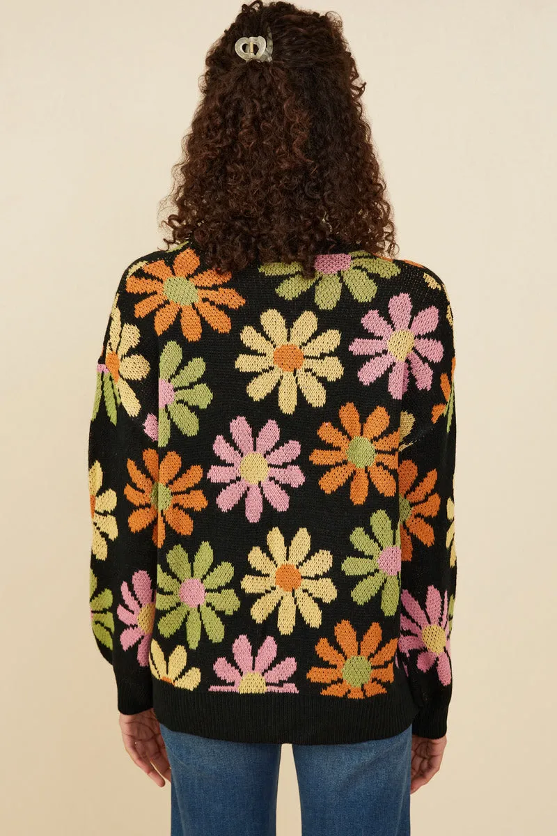 Hayden Retro Daisy Knit Sweater in Black