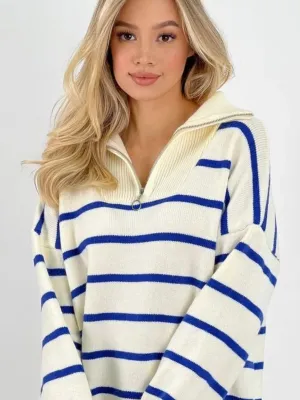 Helena Woman Zip Up Striped Patchwork Sweater