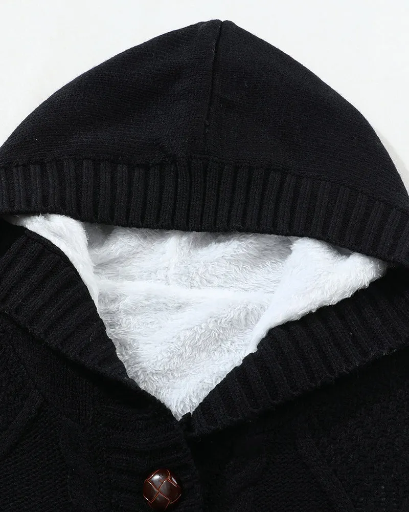 Hooded Fleece Lined Sweater Cardigan Button Down Front Winter Coat