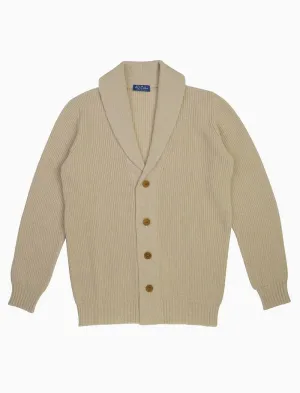 Ivory Ribbed Shawl Neck Wool & Cashmere Cardigan