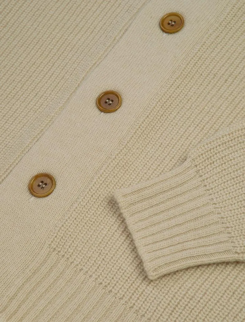 Ivory Ribbed Shawl Neck Wool & Cashmere Cardigan