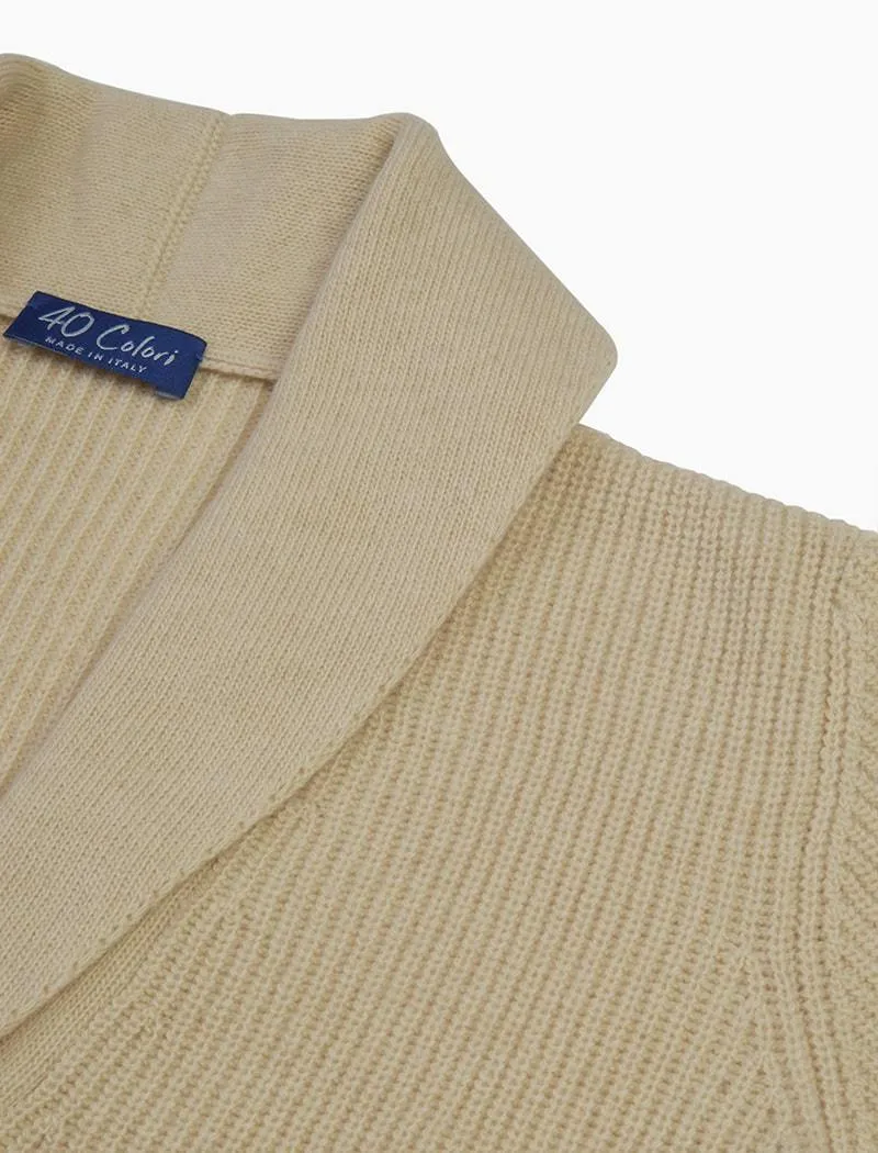 Ivory Ribbed Shawl Neck Wool & Cashmere Cardigan