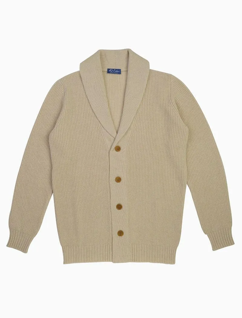 Ivory Ribbed Shawl Neck Wool & Cashmere Cardigan