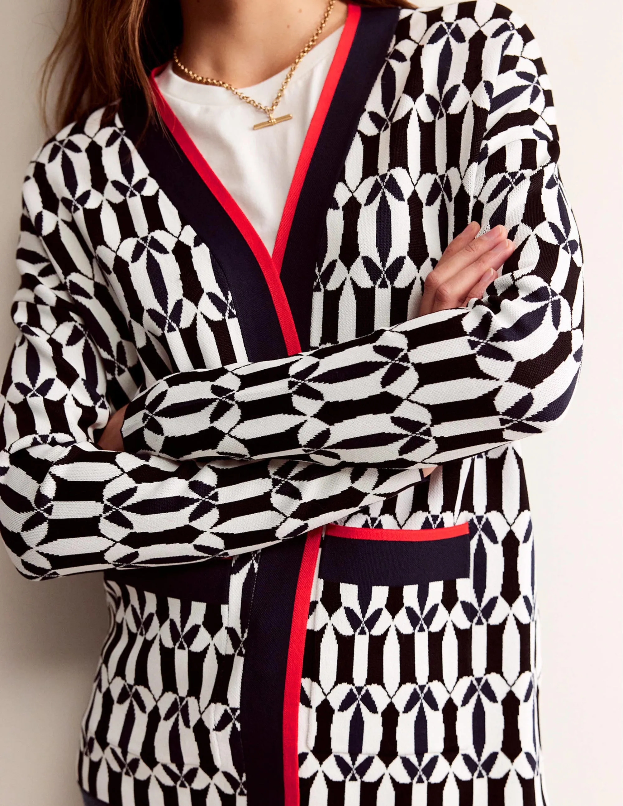 Jacquard Cardigan-Black and Ivory, Geometric