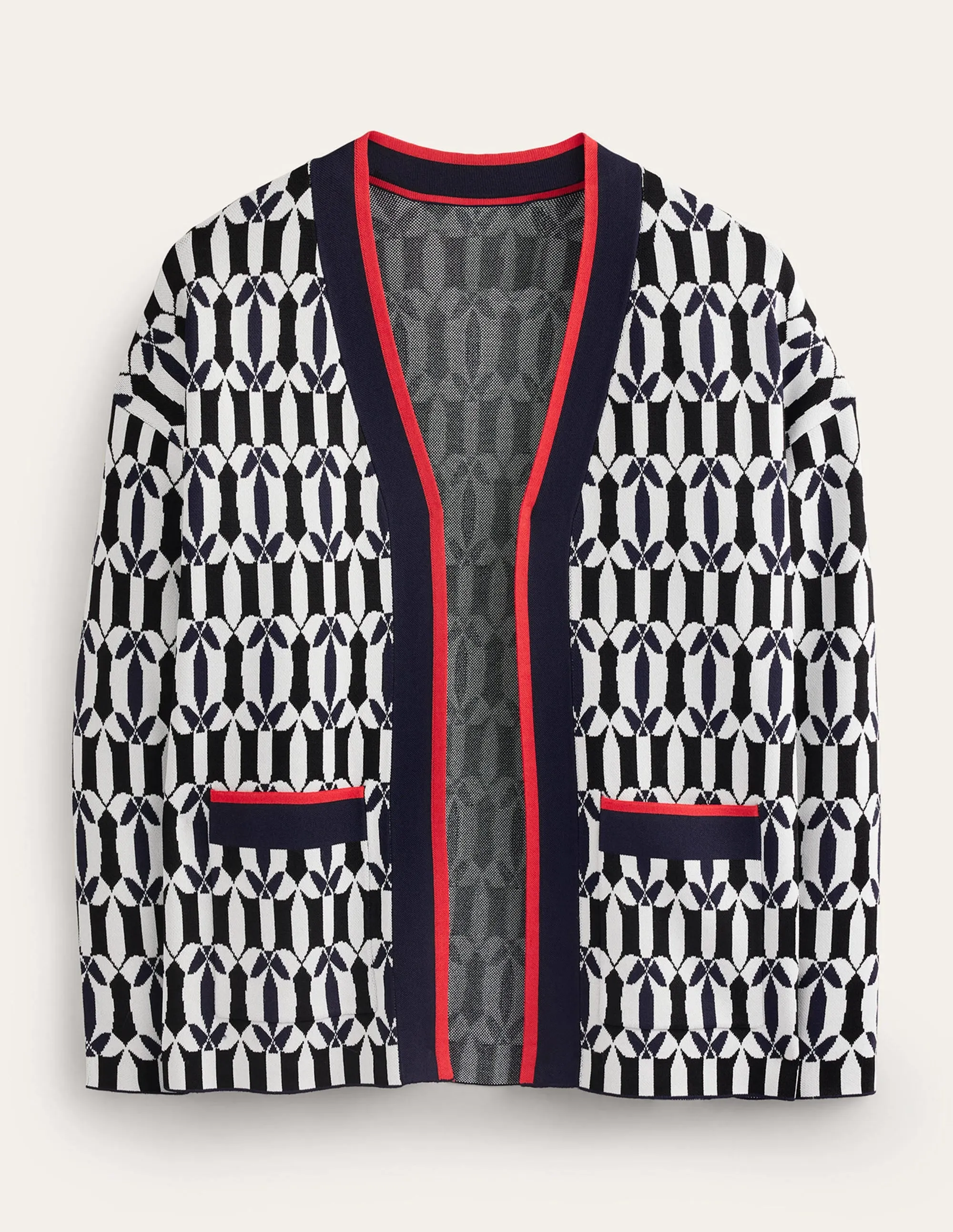 Jacquard Cardigan-Black and Ivory, Geometric
