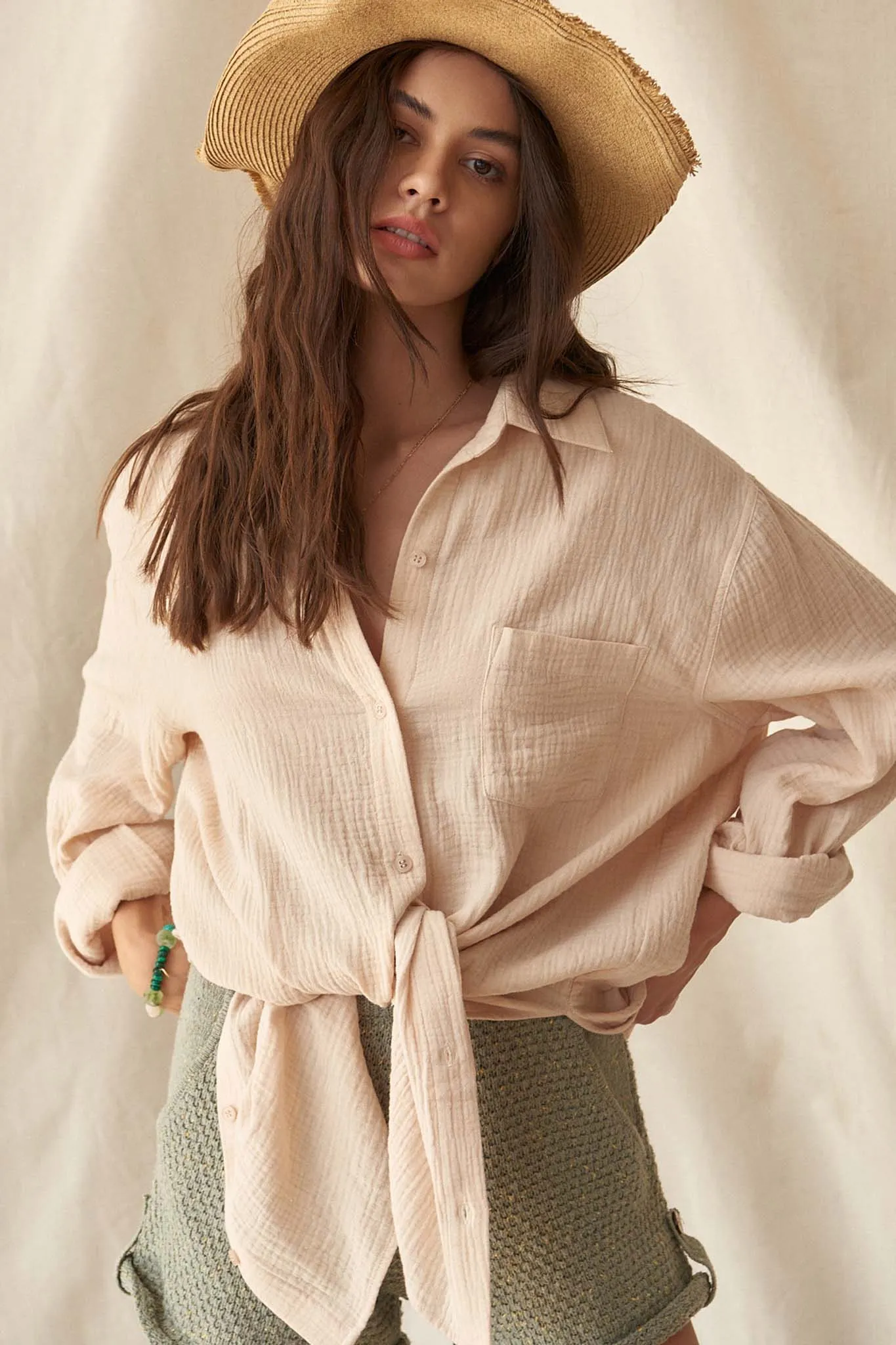 Let Loose Oversized Crinkle Cotton Pocket Shirt