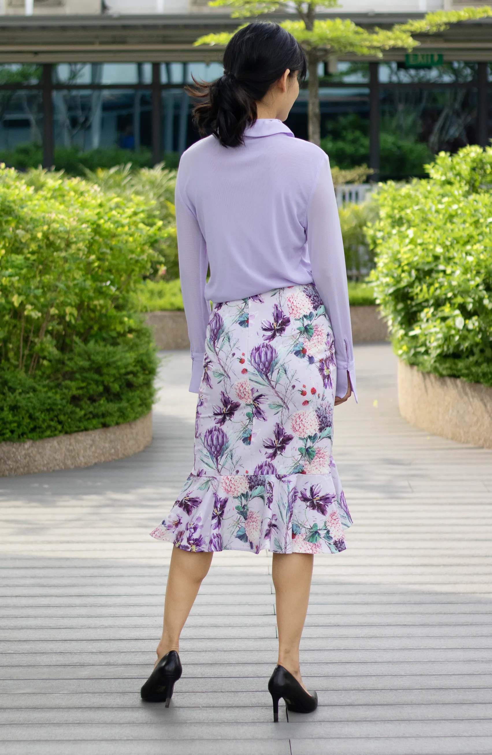Lilac Purple Floral Ruffle Mermaid Work Skirt
