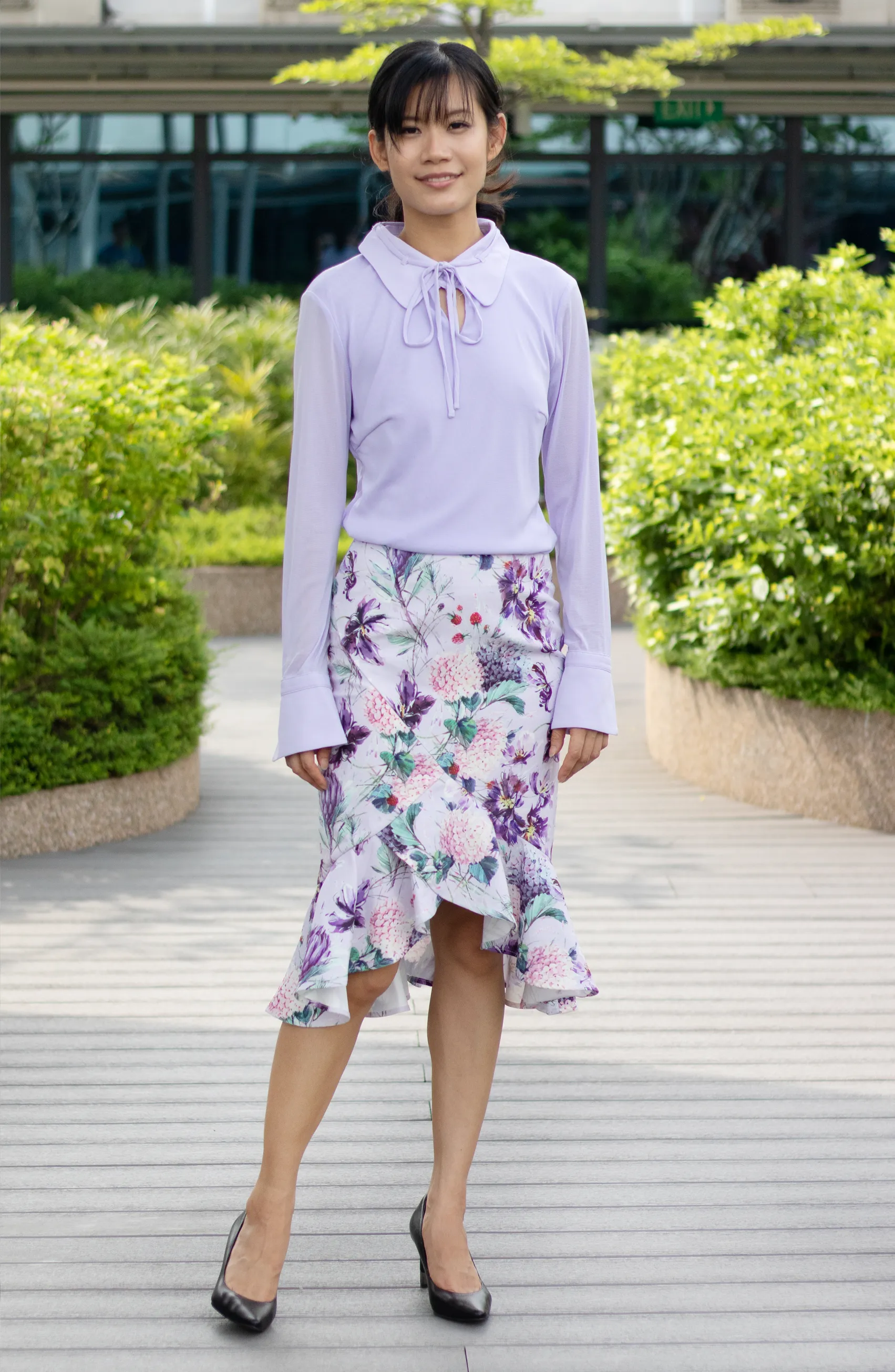 Lilac Purple Floral Ruffle Mermaid Work Skirt