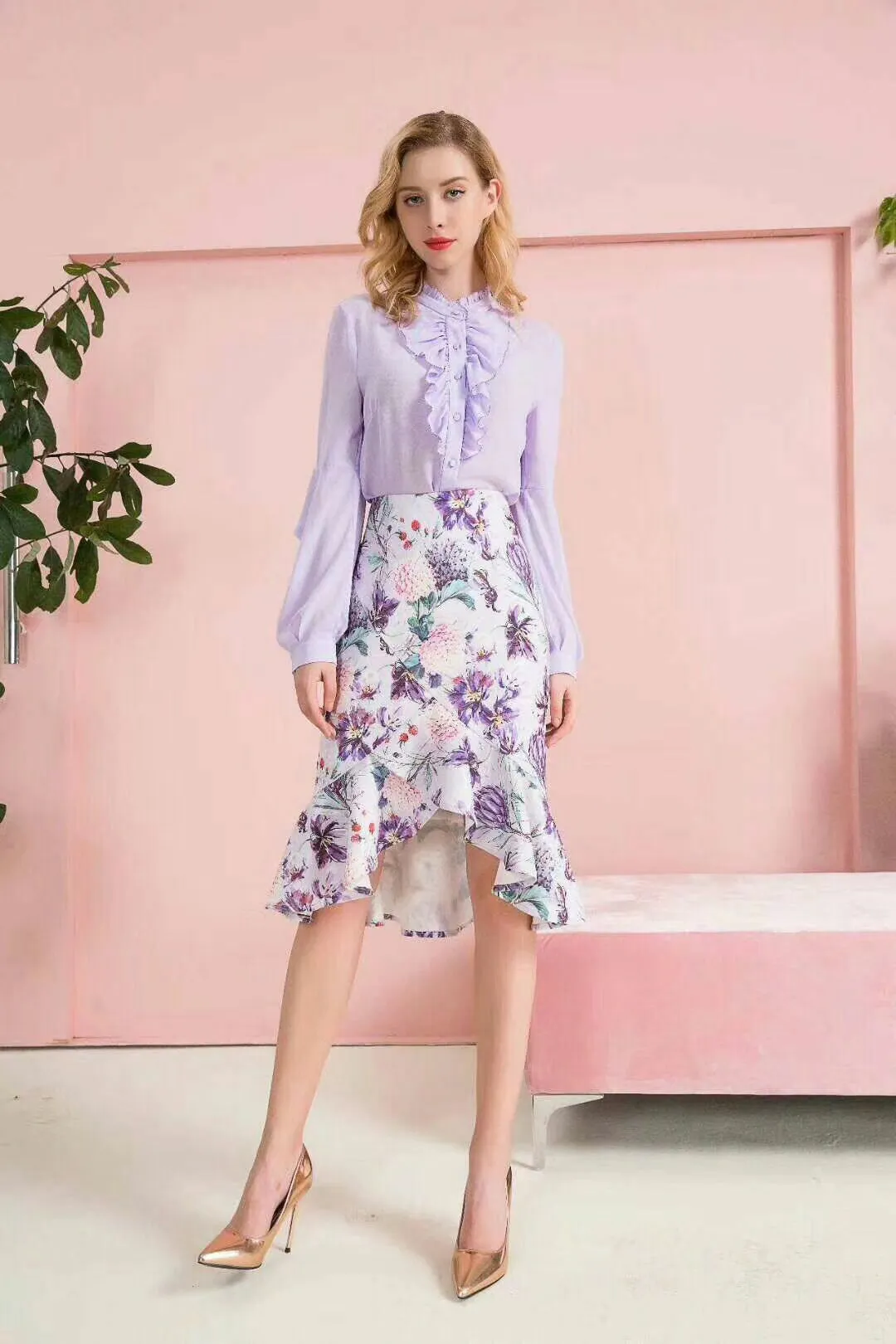 Lilac Purple Floral Ruffle Mermaid Work Skirt