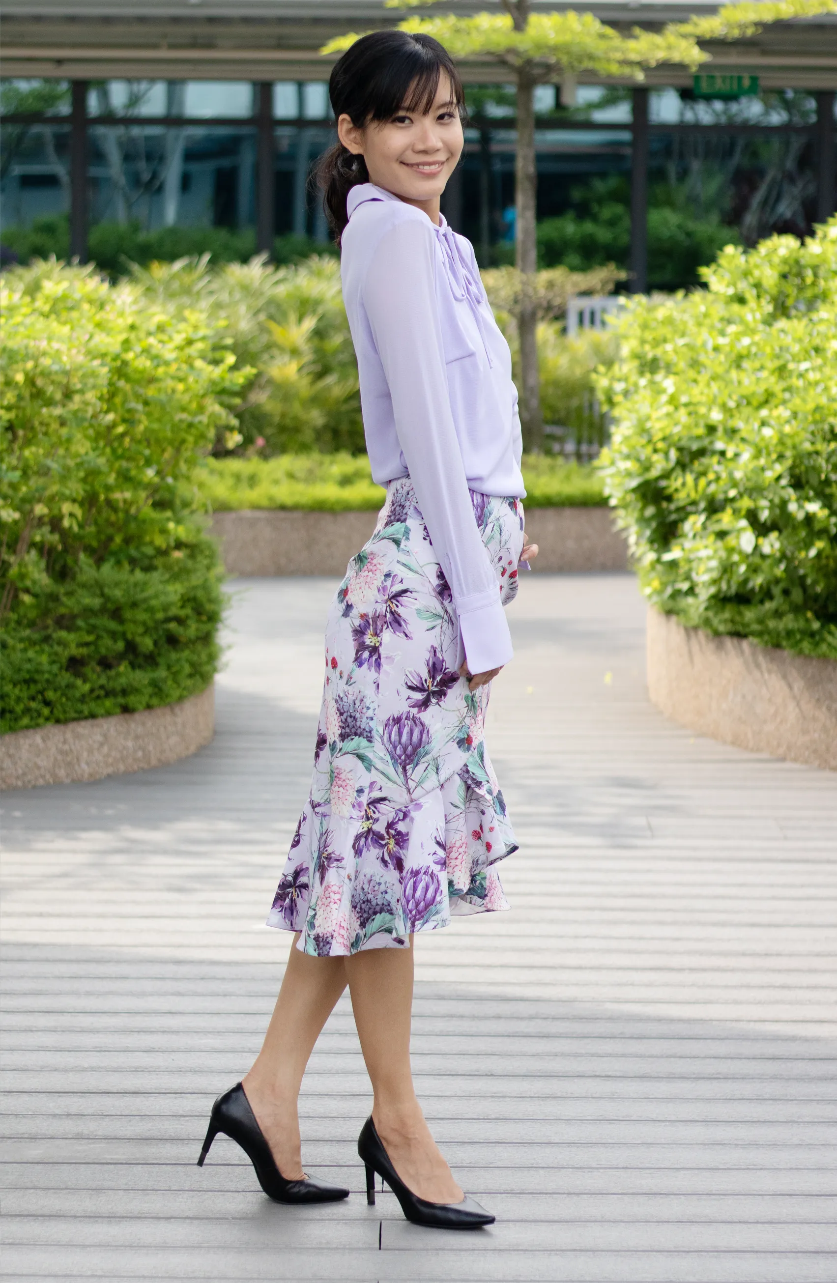 Lilac Purple Floral Ruffle Mermaid Work Skirt