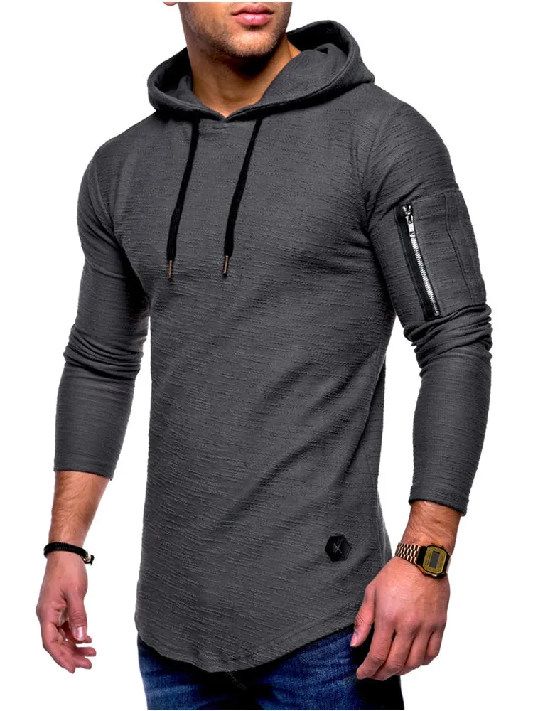 Men'S Solid Colour Round Neck Hooded Long Sleeve Arm Zip Hoodie