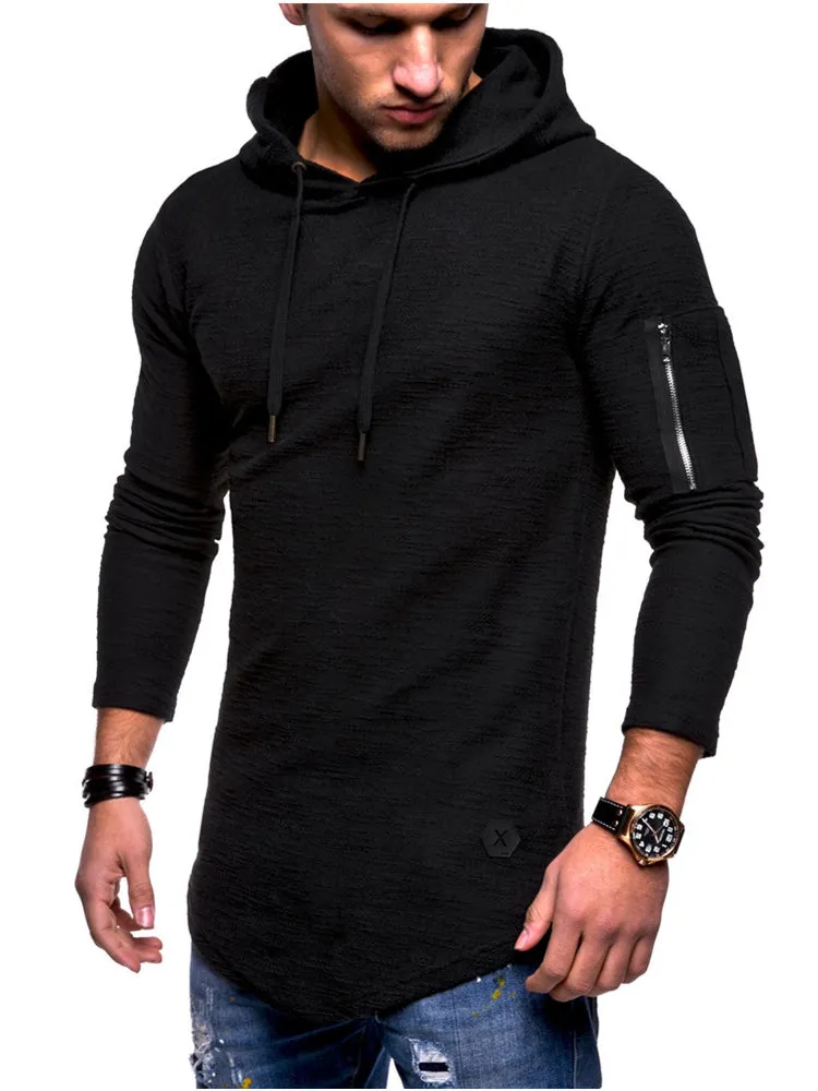 Men'S Solid Colour Round Neck Hooded Long Sleeve Arm Zip Hoodie