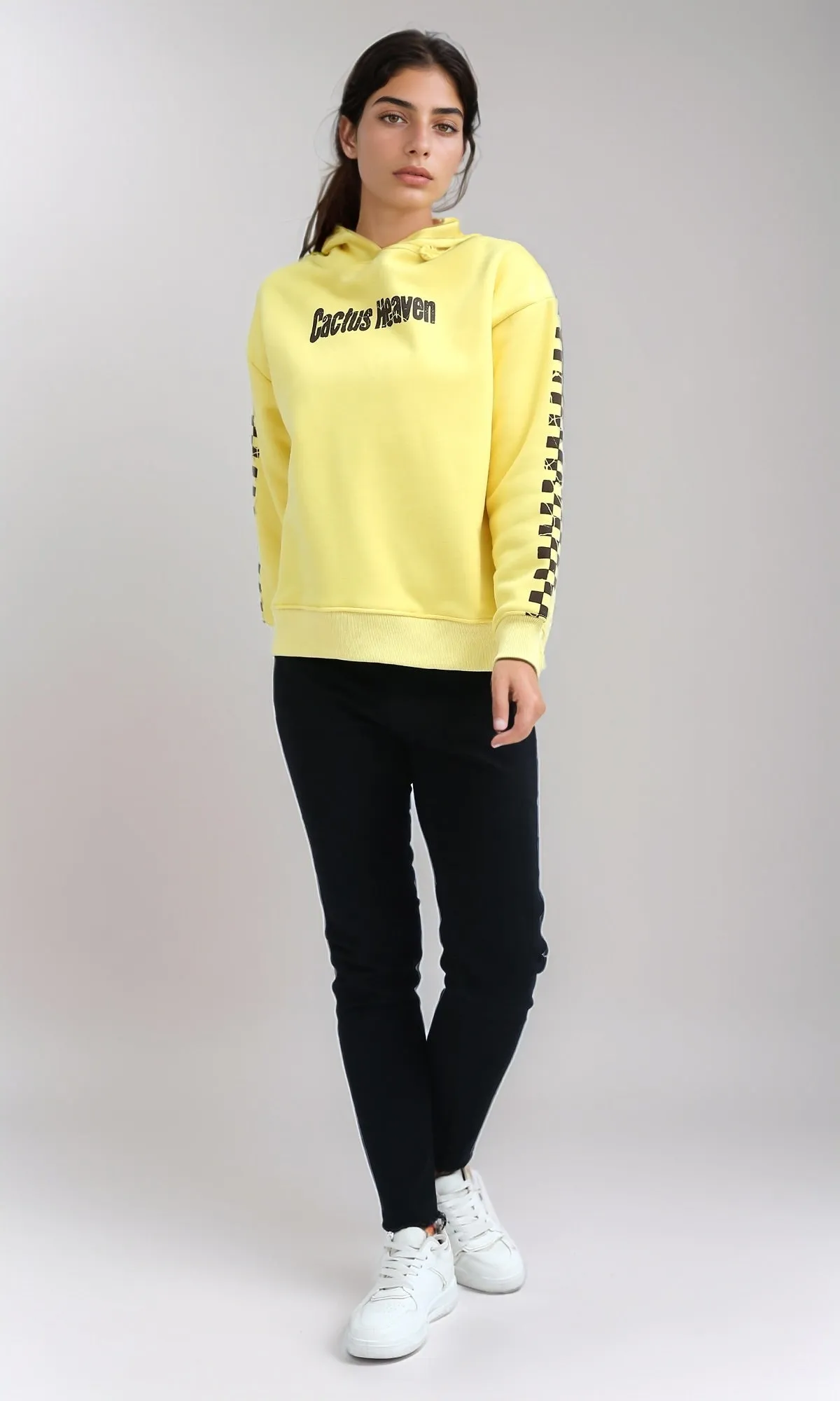 O201149 - "Cactus Heaven " Printed Long Sleeves Hoodie - Yellow