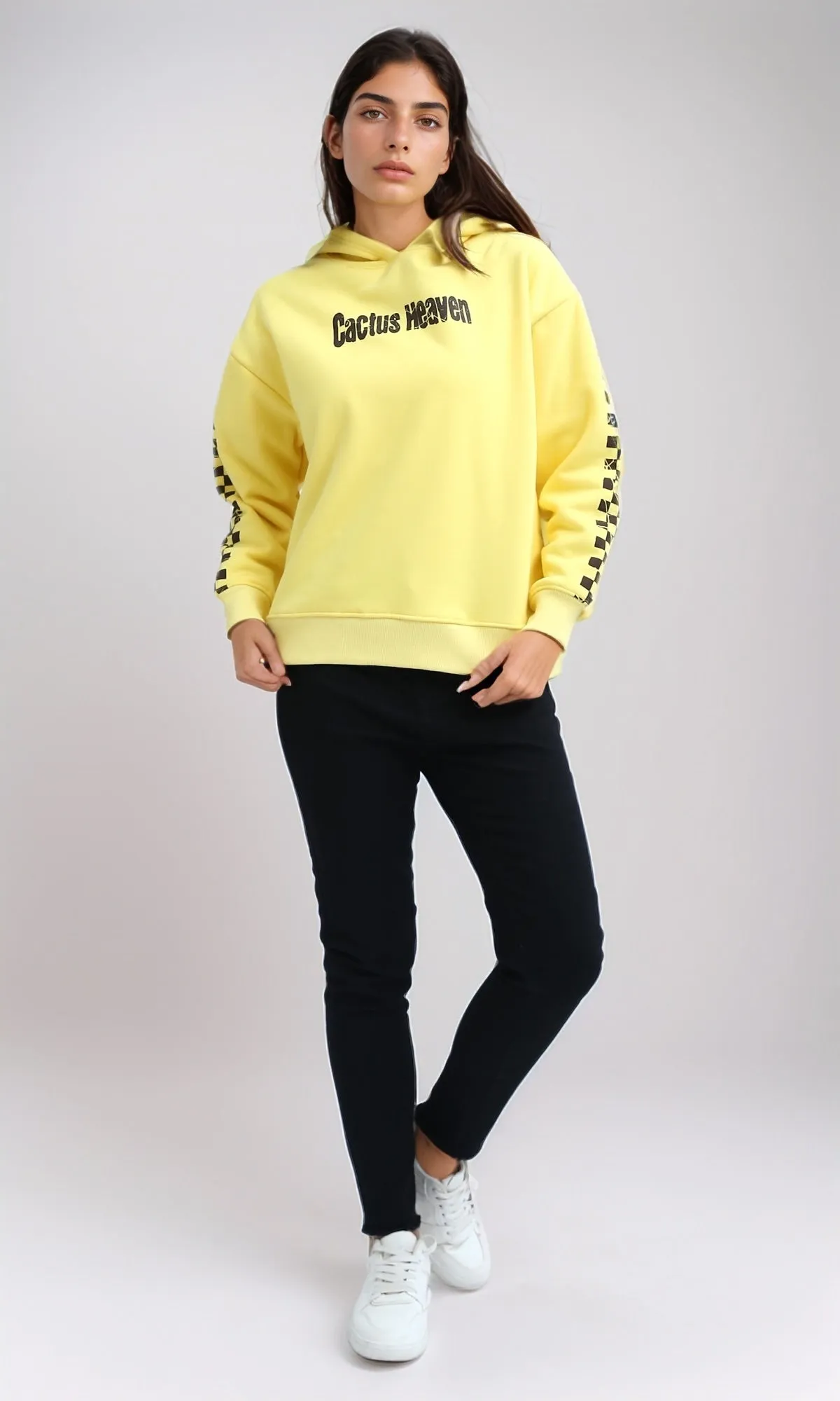 O201149 - "Cactus Heaven " Printed Long Sleeves Hoodie - Yellow
